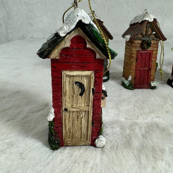 Set of 6 Christmas hanging ornaments Outhouses Resin 3 1/2" tall different style - Picture 9 of 12